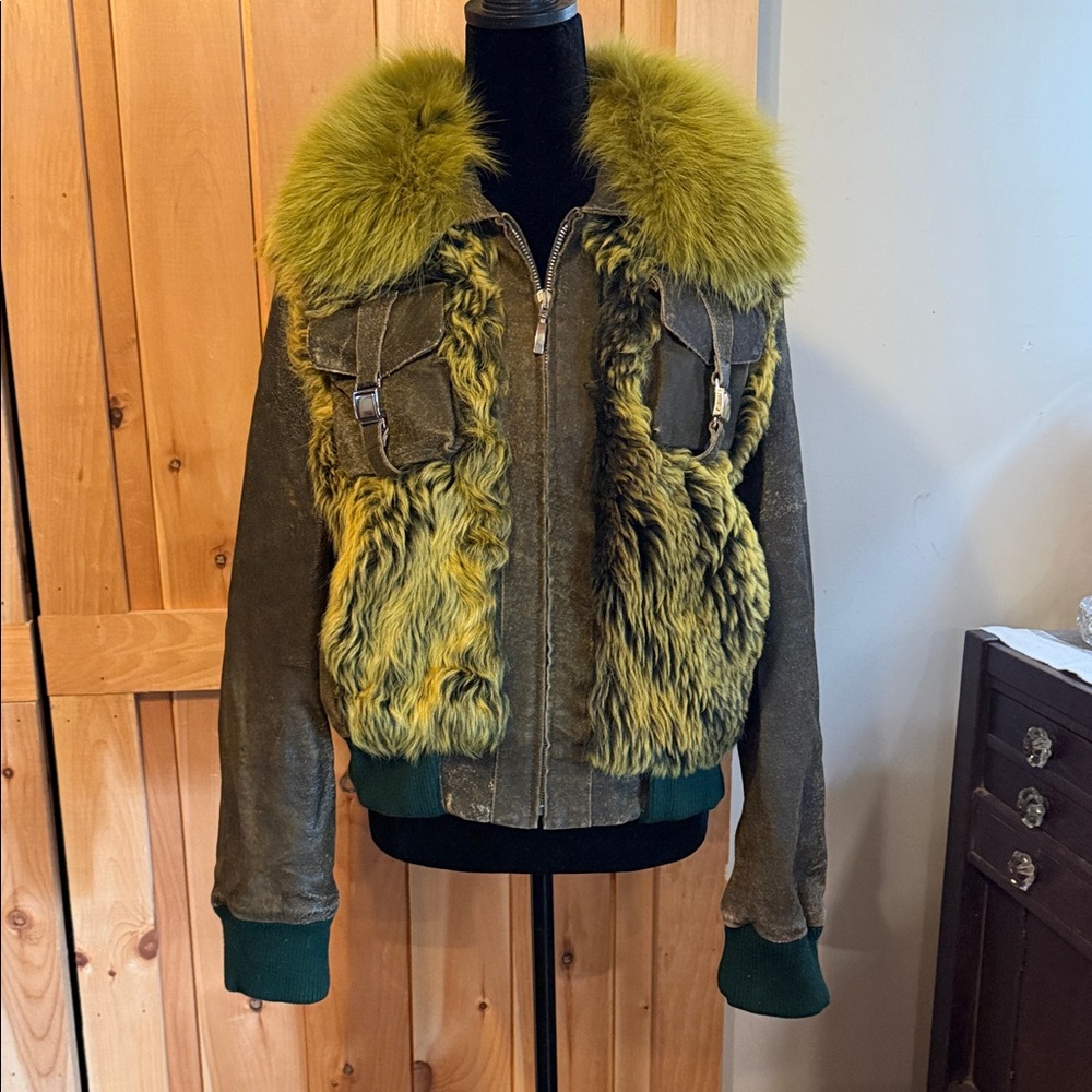 Vintage Brown and Green Fur Trim Leather Bomber Jacket